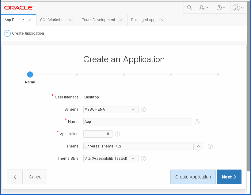 create Oracle APEX Application - hello word: name 