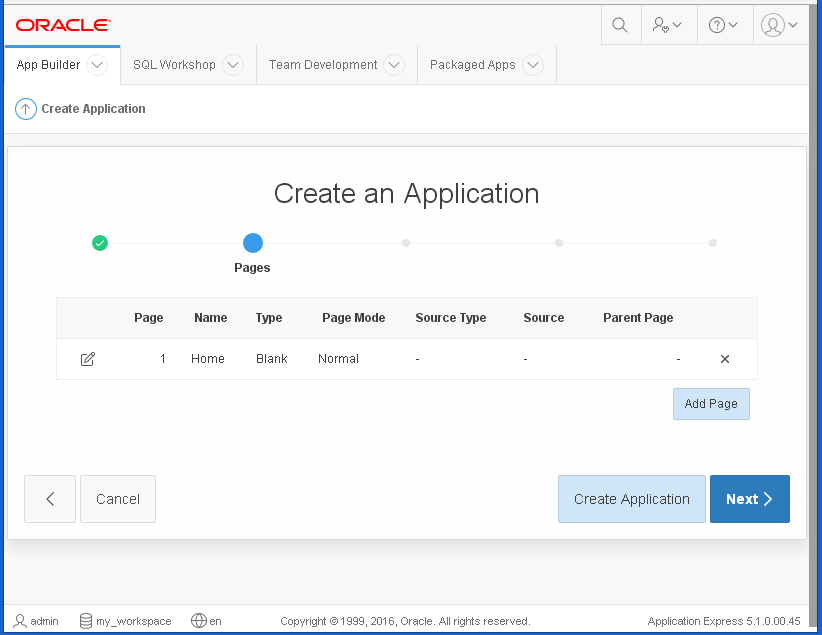 create Oracle APEX Application - hello word: pages