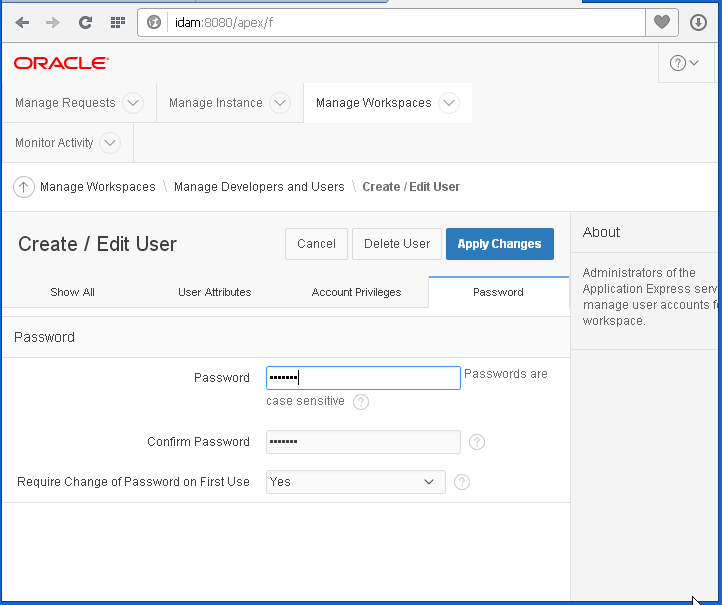 change user password in Oracle APEX 5.1 : edit password