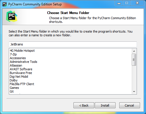 PyCharm installation on Windows : start menu