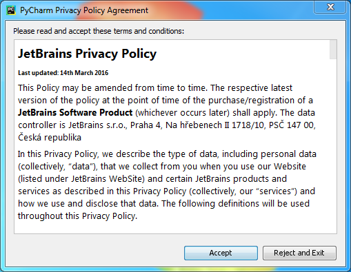 PyCharm installation on Windows : privacy policy