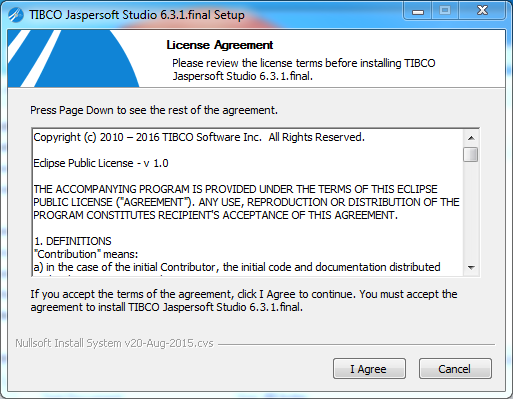 Jaspersoft Studio installation on Windows: license agreement