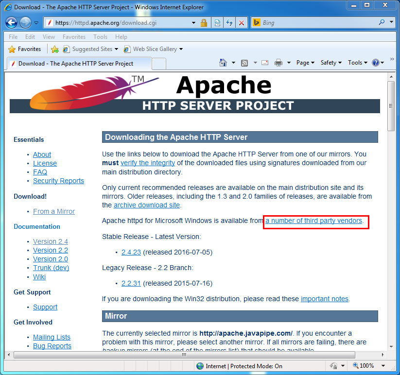 Apache hhtp server installation: Apache download page