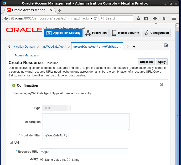 Create Oracle Access Manager (OAM) Resource: Created