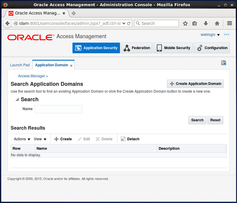Create Oracle Access Manager (OAM) Application Domain: create