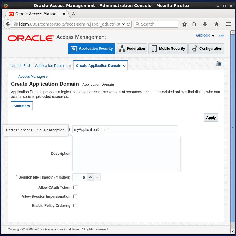 Create Oracle Access Manager (OAM) Application Domain: create summary