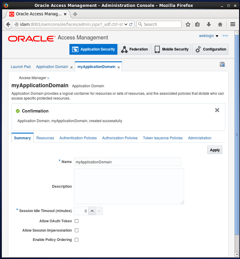 Create Oracle Access Manager (OAM) Application Domain: confirmation