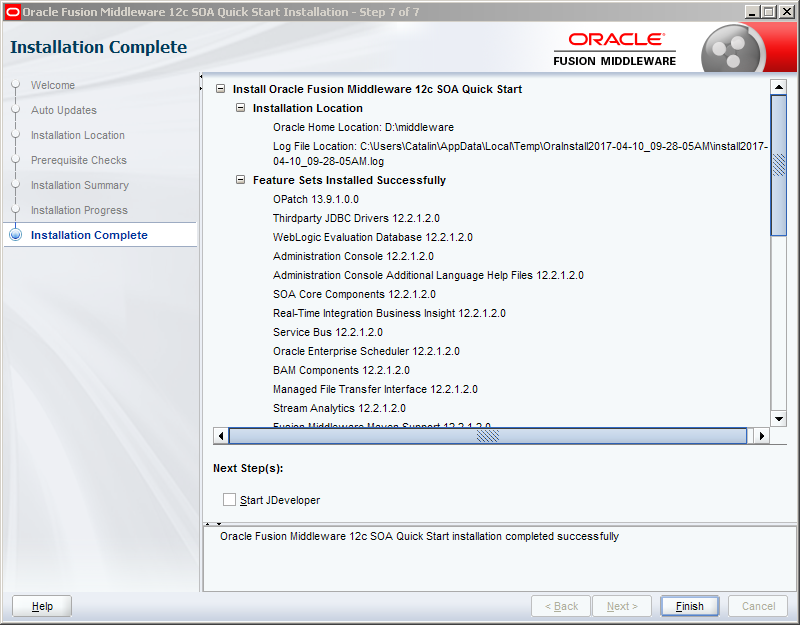 Install Oracle SOA 12c software on Windows: installation complete
