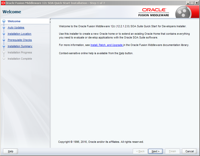 Install Oracle SOA 12c software on Windows: welcome
