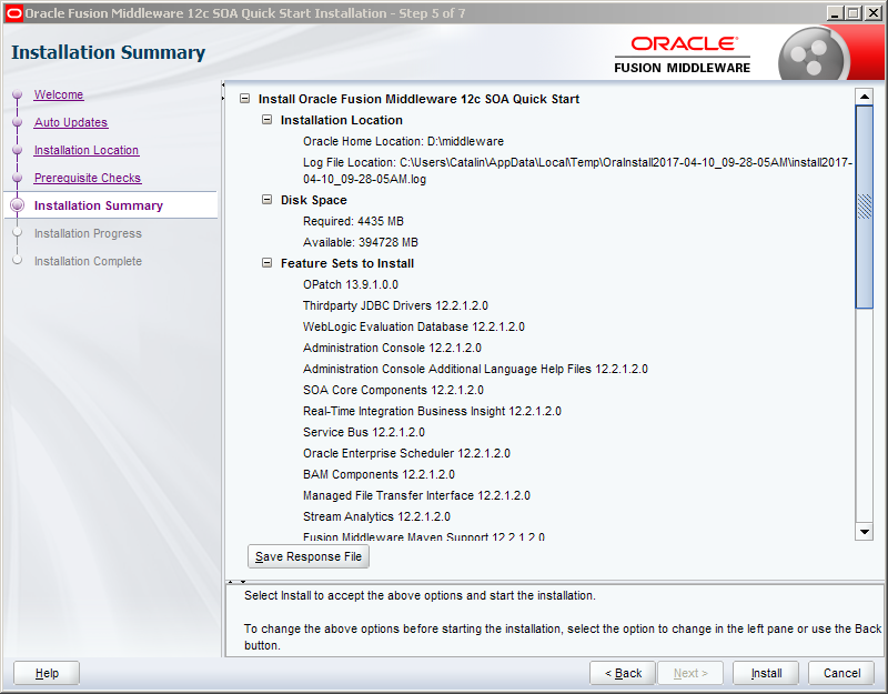 Install Oracle SOA 12c software on Windows: installation summary