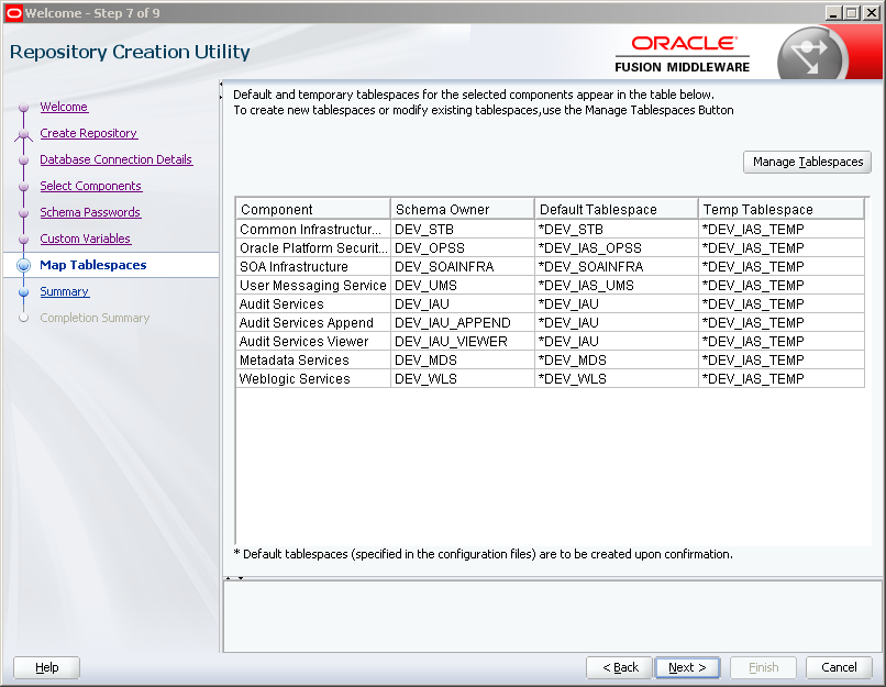 Run RCU (Repository Creation Utility) for Oracle SOA 12c on Windows: map tablespaces