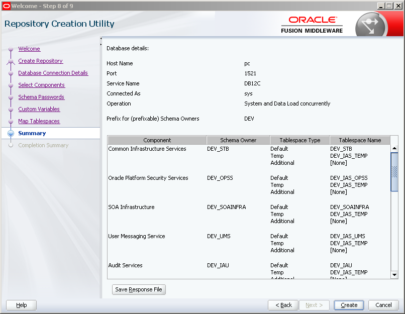 Run RCU (Repository Creation Utility) for Oracle SOA 12c on Windows: summary