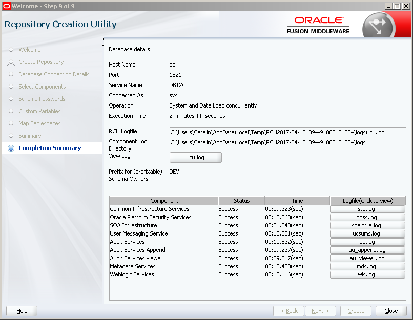 Run RCU (Repository Creation Utility) for Oracle SOA 12c on Windows: completition summary