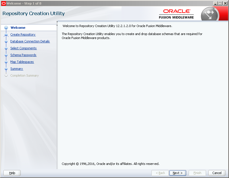 Run RCU (Repository Creation Utility) for Oracle SOA 12c on Windows: welcome