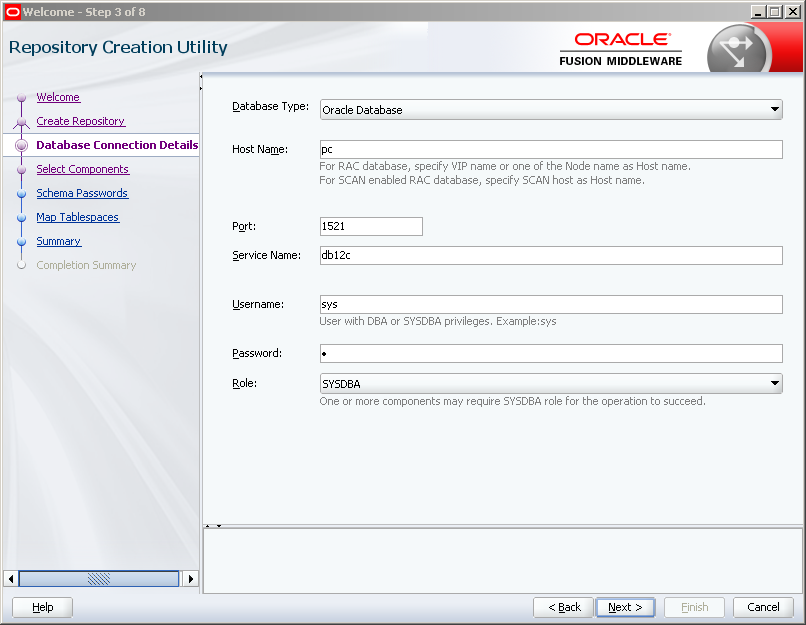Run RCU (Repository Creation Utility) for Oracle SOA 12c on Windows: database connection details
