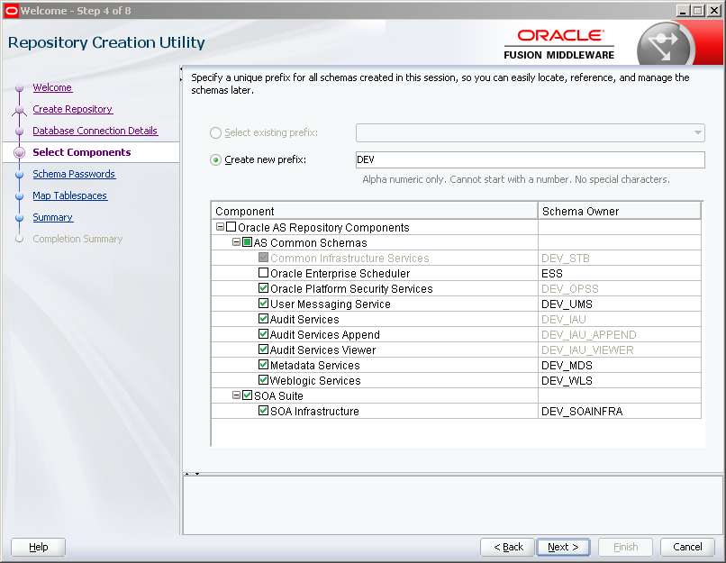 Run RCU (Repository Creation Utility) for Oracle SOA 12c on Windows: soa infrastructure