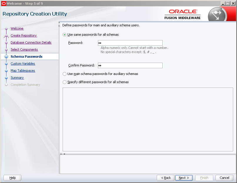 Run RCU (Repository Creation Utility) for Oracle SOA 12c on Windows: schema passwords