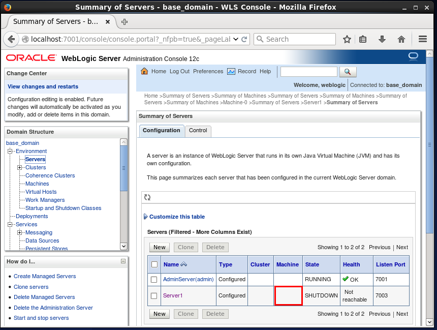 Associate a WebLogic Server with a machine: Servers