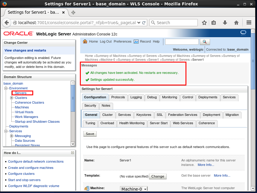 Associate a WebLogic Server with a machine: Messge ok